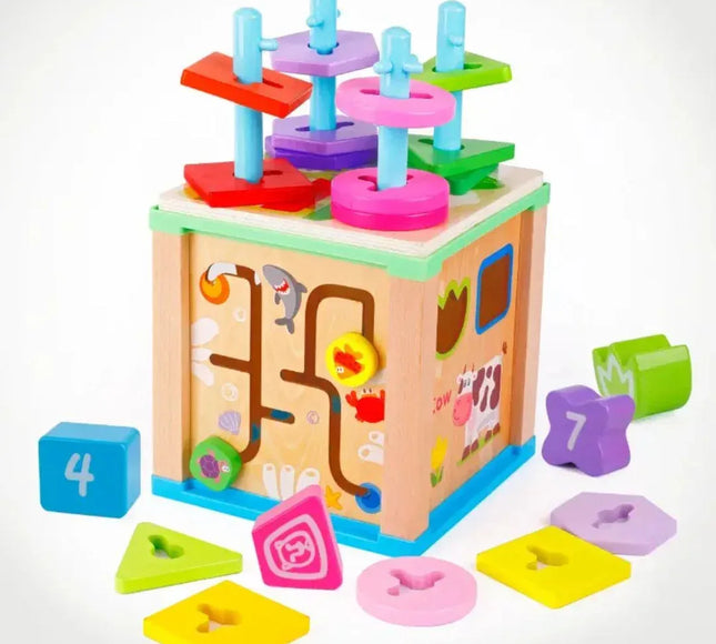 Cub educativ Montessori din lemn 5 in 1 - Bebeboo - Totul pentru copii. Jucării, Hăinuțe, Perne, Mobilier, Textile