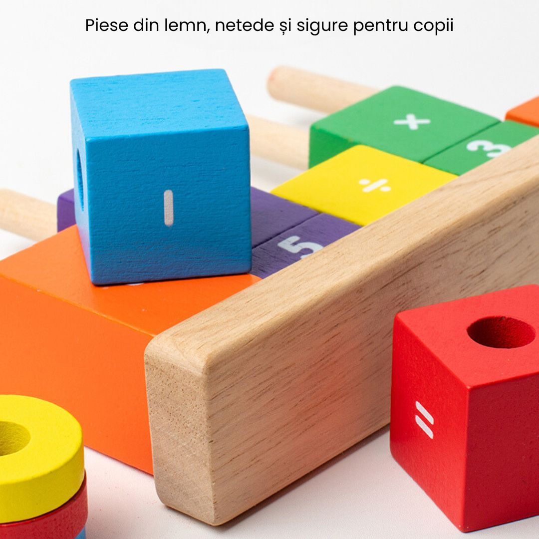 Joc educativ Aritmetica de Bază, piese din lemn și carduri interactive, 3 ani+