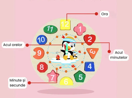 Ceas educativ din lemn - Învață timpul, culorile și formele, 2 ani+ - Bebeboo - Totul pentru copii. Jucării, Hăinuțe, Perne, Mobilier, Textile