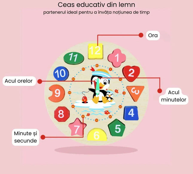 Ceas educativ din lemn - Învață timpul, culorile și formele, 2 ani+ - Bebeboo - Totul pentru copii. Jucării, Hăinuțe, Perne, Mobilier, Textile