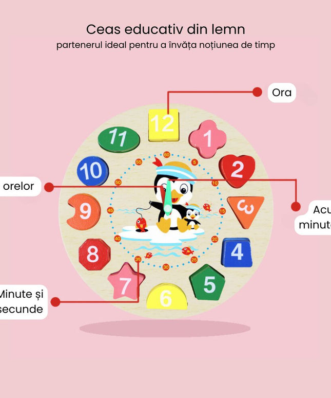 Ceas educativ din lemn - Învață timpul, culorile și formele, 2 ani+