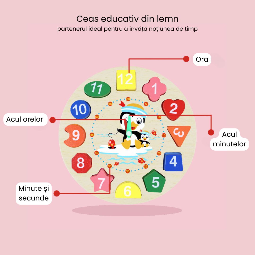 Ceas educativ din lemn - Învață timpul, culorile și formele, 2 ani+