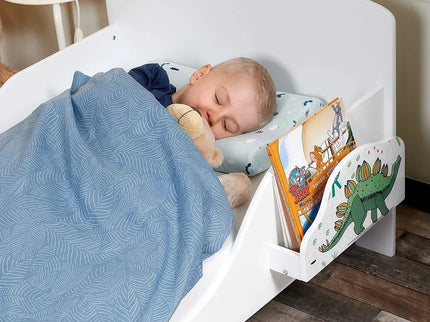 Pat Copii cu Protectie Laterala si Raft Depozitare Carti si Jucarii, Model Dinozaur, Patut pentru Baieti si Fetite Varsta de 3 - 8 Ani, Mobilier din Lemn MDF, Alb + Bonus Stickere Fosforescente - Bebeboo - Totul pentru copii. Jucării, Hăinuțe, Perne, Mobilier, Textile