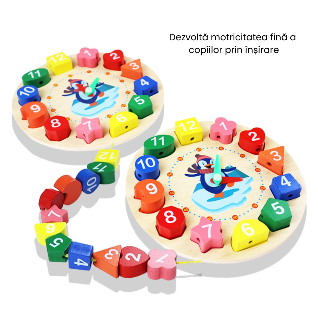 Ceas educativ din lemn - Învață timpul, culorile și formele, 2 ani+