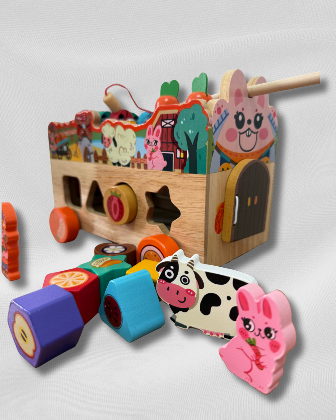 Mașinuță Interactivă din Lemn – Fermă Montessori cu 8 Activități Educaționale