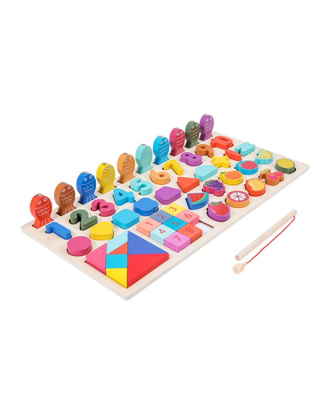 Joc educativ multifuncțional din lemn cu peștișori, 55 de piese, 3 ani+