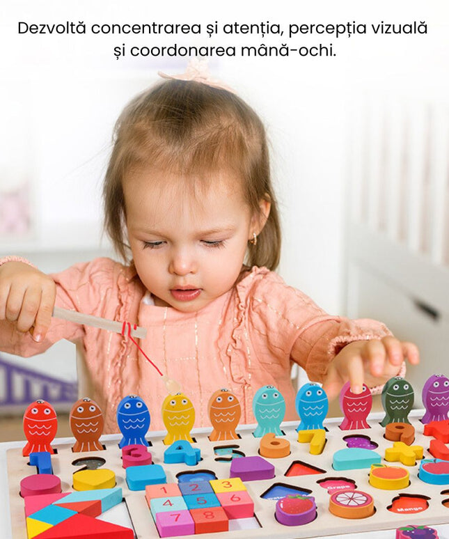 Joc educativ multifuncțional din lemn cu peștișori, 55 de piese, 3 ani+
