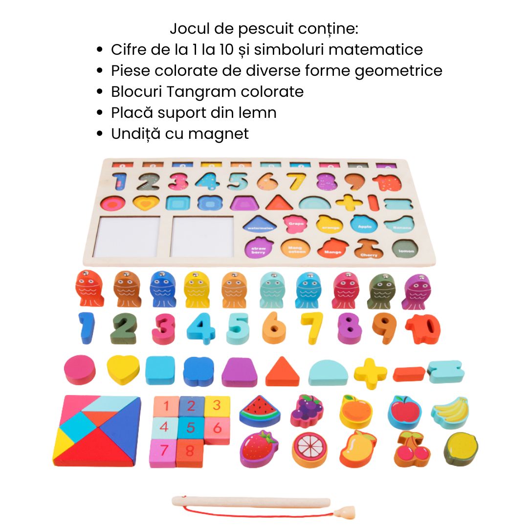 Joc educativ multifuncțional din lemn cu peștișori, 55 de piese, 3 ani+