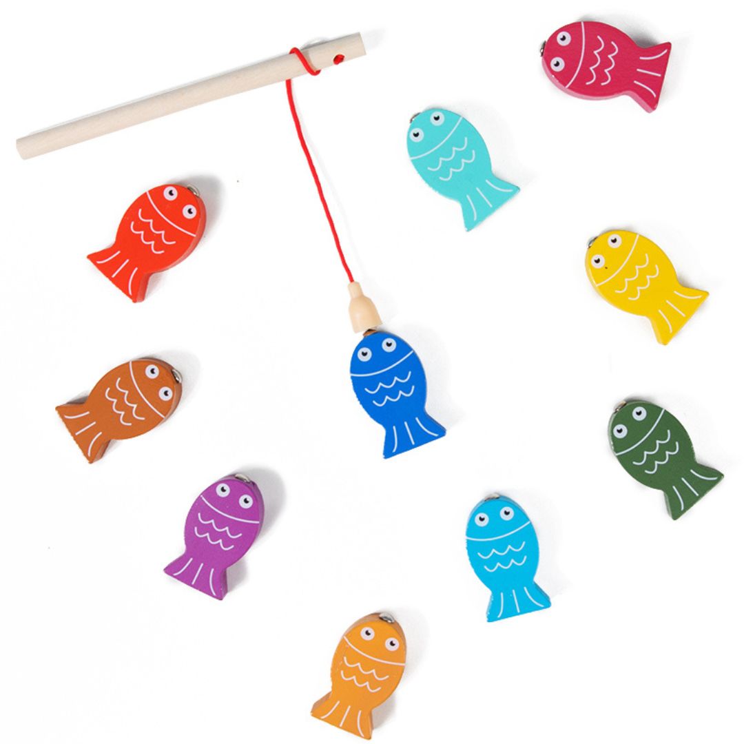 Joc educativ multifuncțional din lemn cu peștișori, 55 de piese, 3 ani+