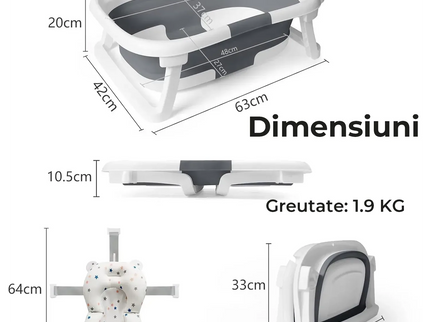 Cădiță de baie pliabilă pentru bebeluși, cu pernă moale, indicator de temperatură și suport pentru cap de duș – 63x42x20 cm, Gri - Bebeboo - Totul pentru copii. Jucării, Hăinuțe, Perne, Mobilier, Textile