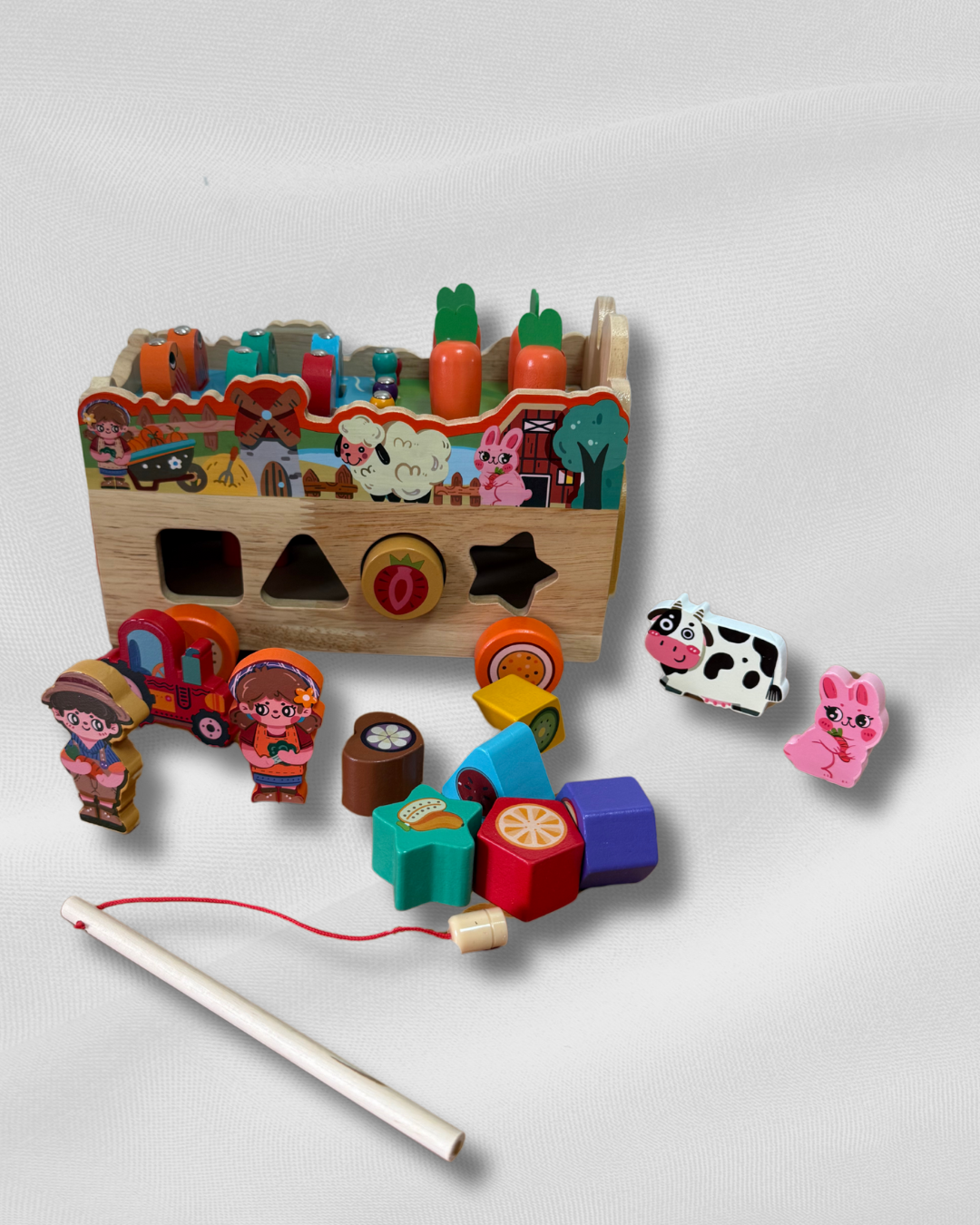 Mașinuță Interactivă din Lemn – Fermă Montessori cu 8 Activități Educaționale