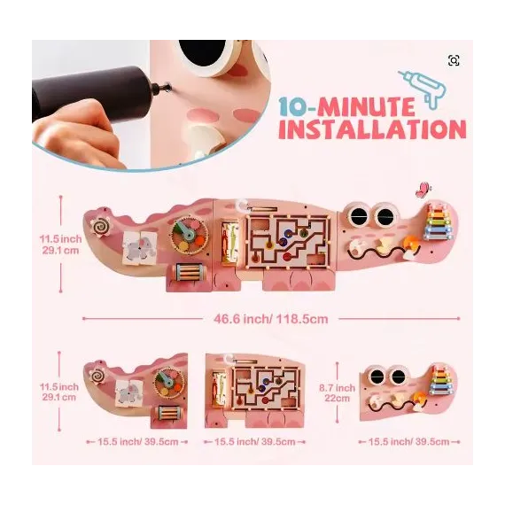 Busy Board din Lemn pentru Perete – Model Crocodil, Activități Montessori pentru Dezvoltare