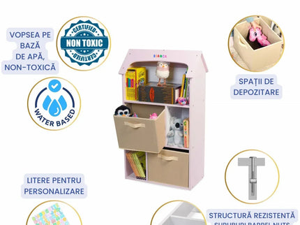 Biblioteca copii, Organizator cu raft pentru carti, Cutii depozitare jucarii, rechizite si papusi, Mobilier din Lemn MDF, Dulap tip casuta cu 3 etajere, 91,5 x 54 x 27cm, Roz - Bebeboo - Totul pentru copii. Jucării, Hăinuțe, Perne, Mobilier, Textile