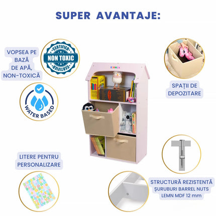 Biblioteca copii, Organizator cu raft pentru carti, Cutii depozitare jucarii, rechizite si papusi, Mobilier din Lemn MDF, Dulap tip casuta cu 3 etajere, 91,5 x 54 x 27cm, Roz