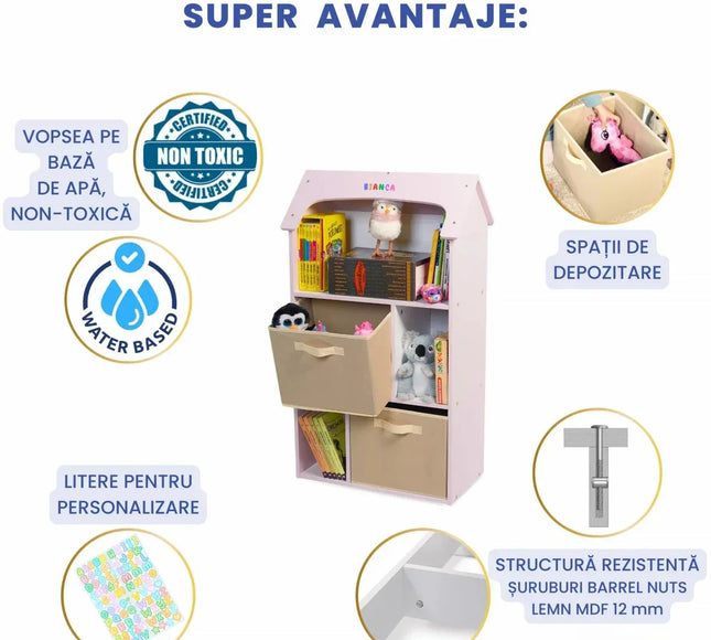 Biblioteca copii, Organizator cu raft pentru carti, Cutii depozitare jucarii, rechizite si papusi, Mobilier din Lemn MDF, Dulap tip casuta cu 3 etajere, 91,5 x 54 x 27cm, Roz - Bebeboo - Totul pentru copii. Jucării, Hăinuțe, Perne, Mobilier, Textile