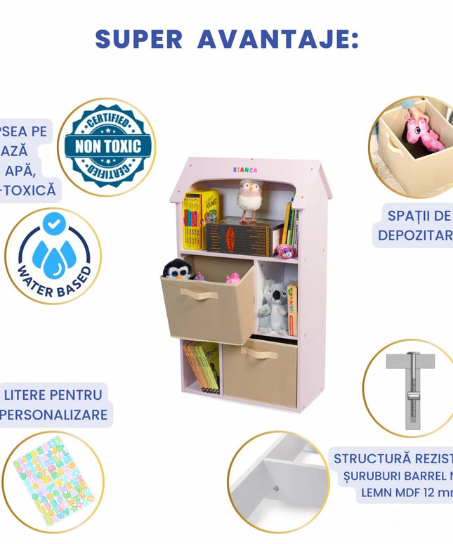 Biblioteca copii, Organizator cu raft pentru carti, Cutii depozitare jucarii, rechizite si papusi, Mobilier din Lemn MDF, Dulap tip casuta cu 3 etajere, 91,5 x 54 x 27cm, Roz