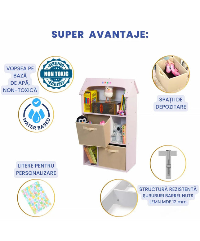 Biblioteca copii, Organizator cu raft pentru carti, Cutii depozitare jucarii, rechizite si papusi, Mobilier din Lemn MDF, Dulap tip casuta cu 3 etajere, 91,5 x 54 x 27cm, Roz - Bebeboo - Totul pentru copii. Jucării, Hăinuțe, Perne, Mobilier, Textile