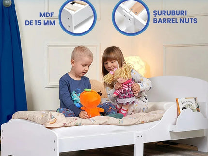 Pat Copii cu Protectie Laterala si Raft Depozitare Carti si Jucarii, Model Dinozaur, Patut pentru Baieti si Fetite Varsta de 3 - 8 Ani, Mobilier din Lemn MDF, Alb + Bonus Stickere Fosforescente - Bebeboo - Totul pentru copii. Jucării, Hăinuțe, Perne, Mobilier, Textile