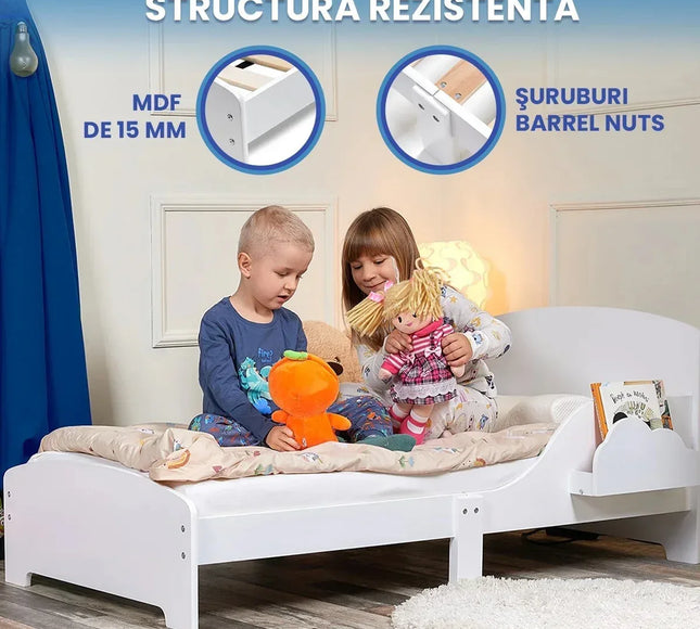 Pat Copii cu Protectie Laterala si Raft Depozitare Carti si Jucarii, Model Dinozaur, Patut pentru Baieti si Fetite Varsta de 3 - 8 Ani, Mobilier din Lemn MDF, Alb + Bonus Stickere Fosforescente - Bebeboo - Totul pentru copii. Jucării, Hăinuțe, Perne, Mobilier, Textile