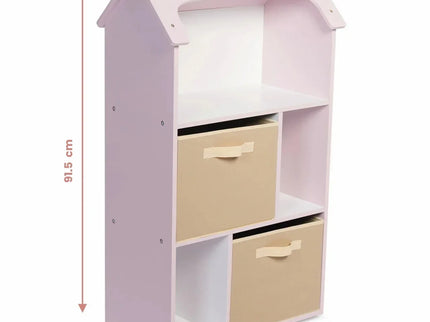 Biblioteca copii, Organizator cu raft pentru carti, Cutii depozitare jucarii, rechizite si papusi, Mobilier din Lemn MDF, Dulap tip casuta cu 3 etajere, 91,5 x 54 x 27cm, Roz - Bebeboo - Totul pentru copii. Jucării, Hăinuțe, Perne, Mobilier, Textile