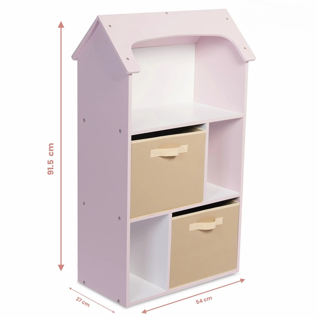 Biblioteca copii, Organizator cu raft pentru carti, Cutii depozitare jucarii, rechizite si papusi, Mobilier din Lemn MDF, Dulap tip casuta cu 3 etajere, 91,5 x 54 x 27cm, Roz