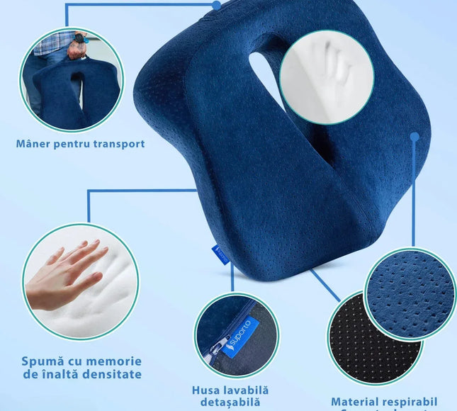 Perna de șezut pentru gravide | Perna Ortopedica de Sezut Navy Blue pentru scaun de birou sau masina, din spuma cu memorie, cu suport pentru Coccis, Albastra - Bebeboo - Totul pentru copii. Jucării, Hăinuțe, Perne, Mobilier, Textile
