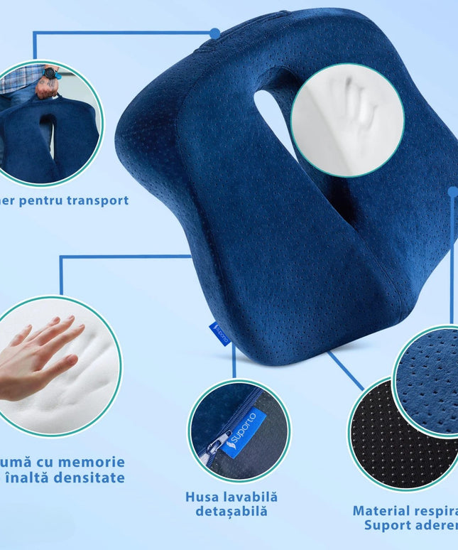 Perna de șezut pentru gravide | Perna Ortopedica de Sezut Navy Blue pentru scaun de birou sau masina, din spuma cu memorie, cu suport pentru Coccis, Albastra
