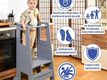 Turn de Invatare pentru Copii - Inaltator de tip Learning Tower cu Treapta de urcare antiderapanta si Balustrade de Protectie - Bebeboo - Totul pentru copii. Jucării, Hăinuțe, Perne, Mobilier, Textile