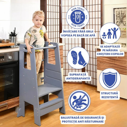 Turn de Invatare pentru Copii - Inaltator de tip Learning Tower cu Treapta de urcare antiderapanta si Balustrade de Protectie
