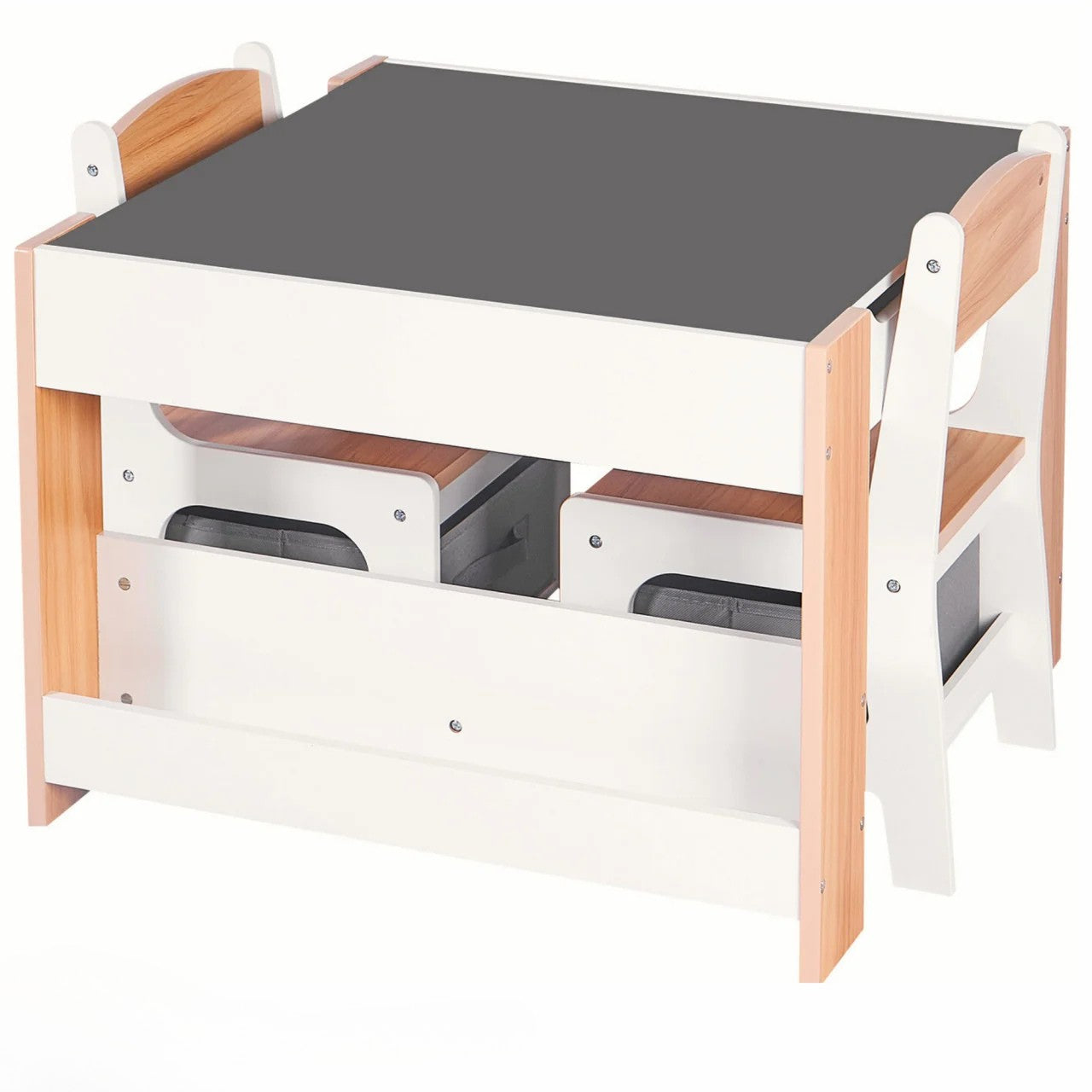 Set Masuta cu 2 Scaune pentru copii, cu Rafturi pentru Carti, Suporto, din MDF, Sertare Depozitare, Organizator Jucarii, Tabla de Scris, Desenat, Studiat. Alb cu Maro, 3-6 ani