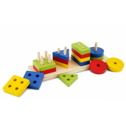 Sortator Geometric Montessori – 16 Forme din Lemn, 4 Culori