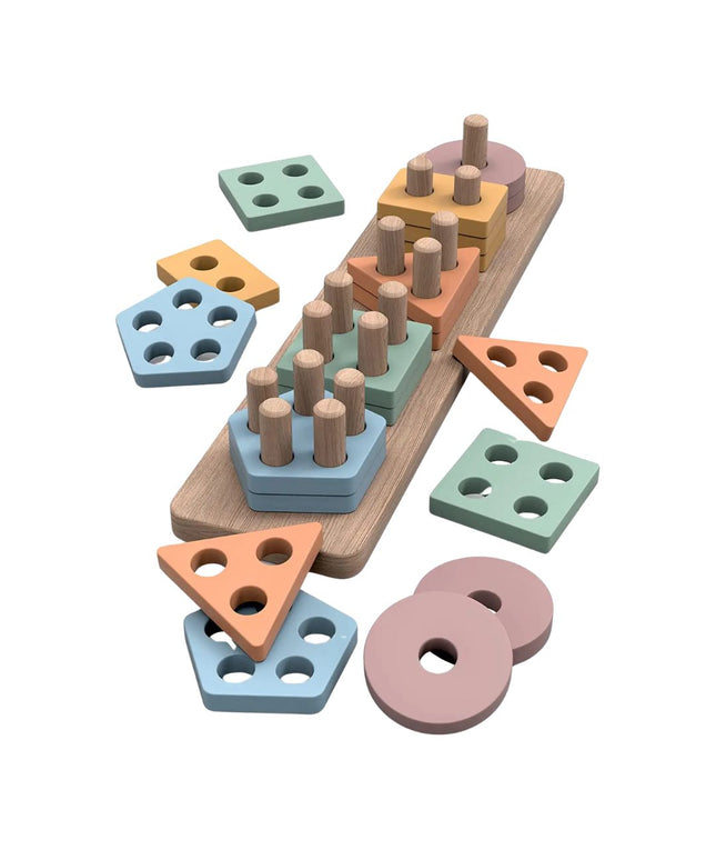 Joc de sortare a formelor din lemn, 5 culori pastelate, 1 an+