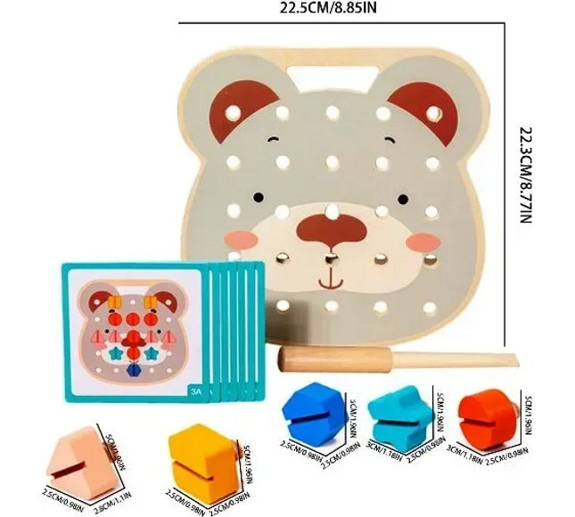 Joc Montessori Urs cu Șuruburi – Panou Educativ cu Forme și Cartonașe - Bebeboo - Totul pentru copii. Jucării, Hăinuțe, Perne, Mobilier, Textile
