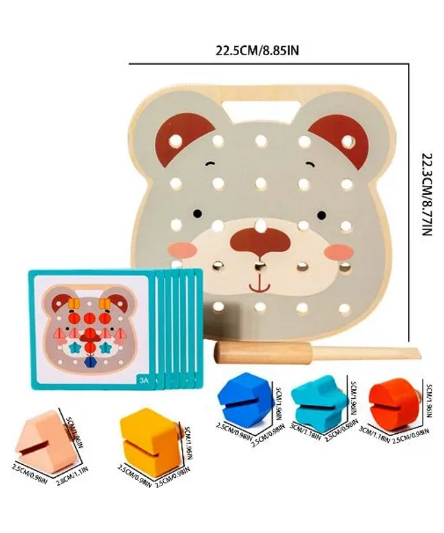 Joc Montessori Urs cu Șuruburi – Panou Educativ cu Forme și Cartonașe
