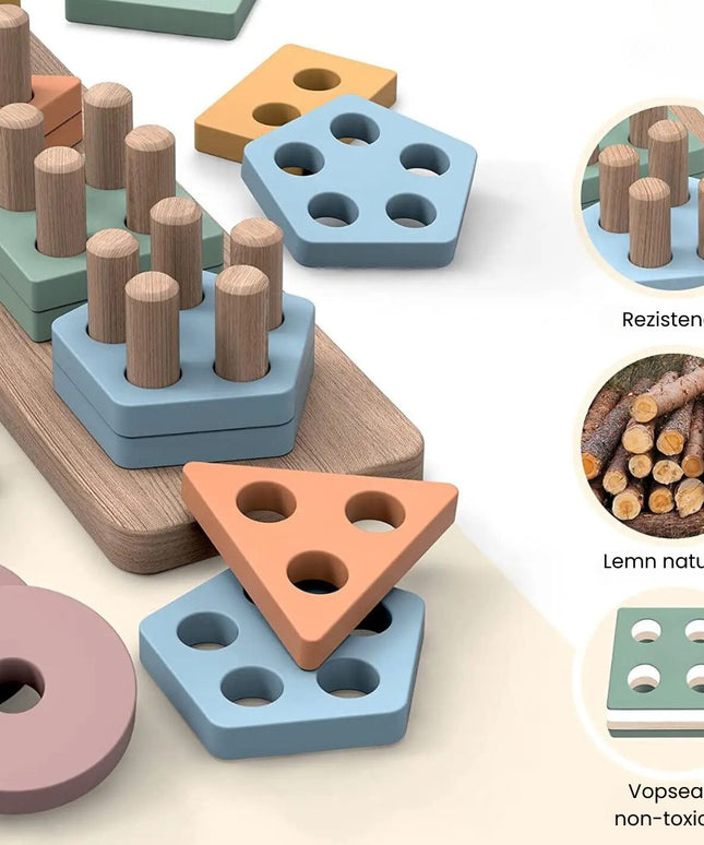 Joc de sortare a formelor din lemn, 5 culori pastelate, 1 an+