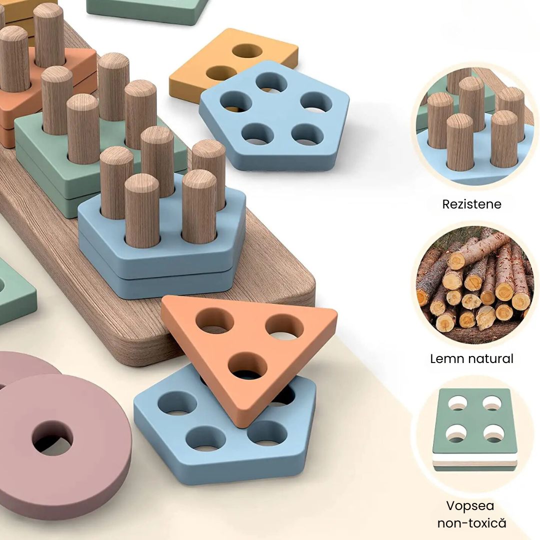 Joc de sortare a formelor din lemn, 5 culori pastelate, 1 an+