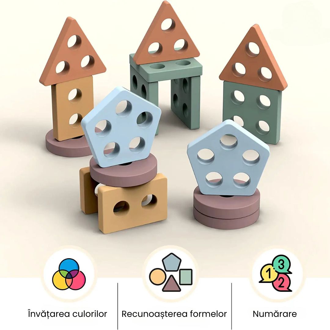 Joc de sortare a formelor din lemn, 5 culori pastelate, 1 an+