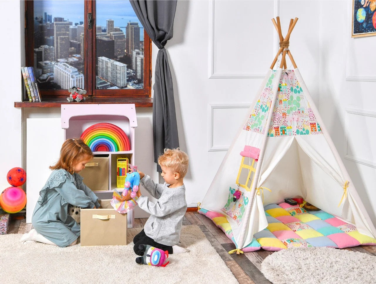 Biblioteca copii, Organizator cu raft pentru carti, Cutii depozitare jucarii, rechizite si papusi, Mobilier din Lemn MDF, Dulap tip casuta cu 3 etajere, 91,5 x 54 x 27cm, Roz