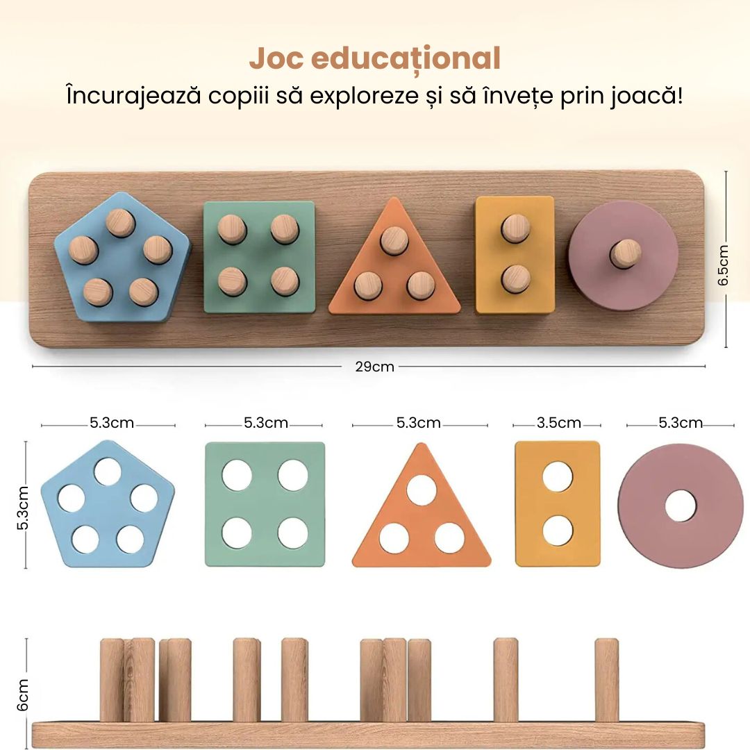 Joc de sortare a formelor din lemn, 5 culori pastelate, 1 an+