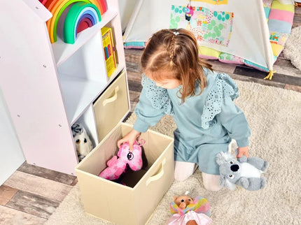Biblioteca copii, Organizator cu raft pentru carti, Cutii depozitare jucarii, rechizite si papusi, Mobilier din Lemn MDF, Dulap tip casuta cu 3 etajere, 91,5 x 54 x 27cm, Roz - Bebeboo - Totul pentru copii. Jucării, Hăinuțe, Perne, Mobilier, Textile