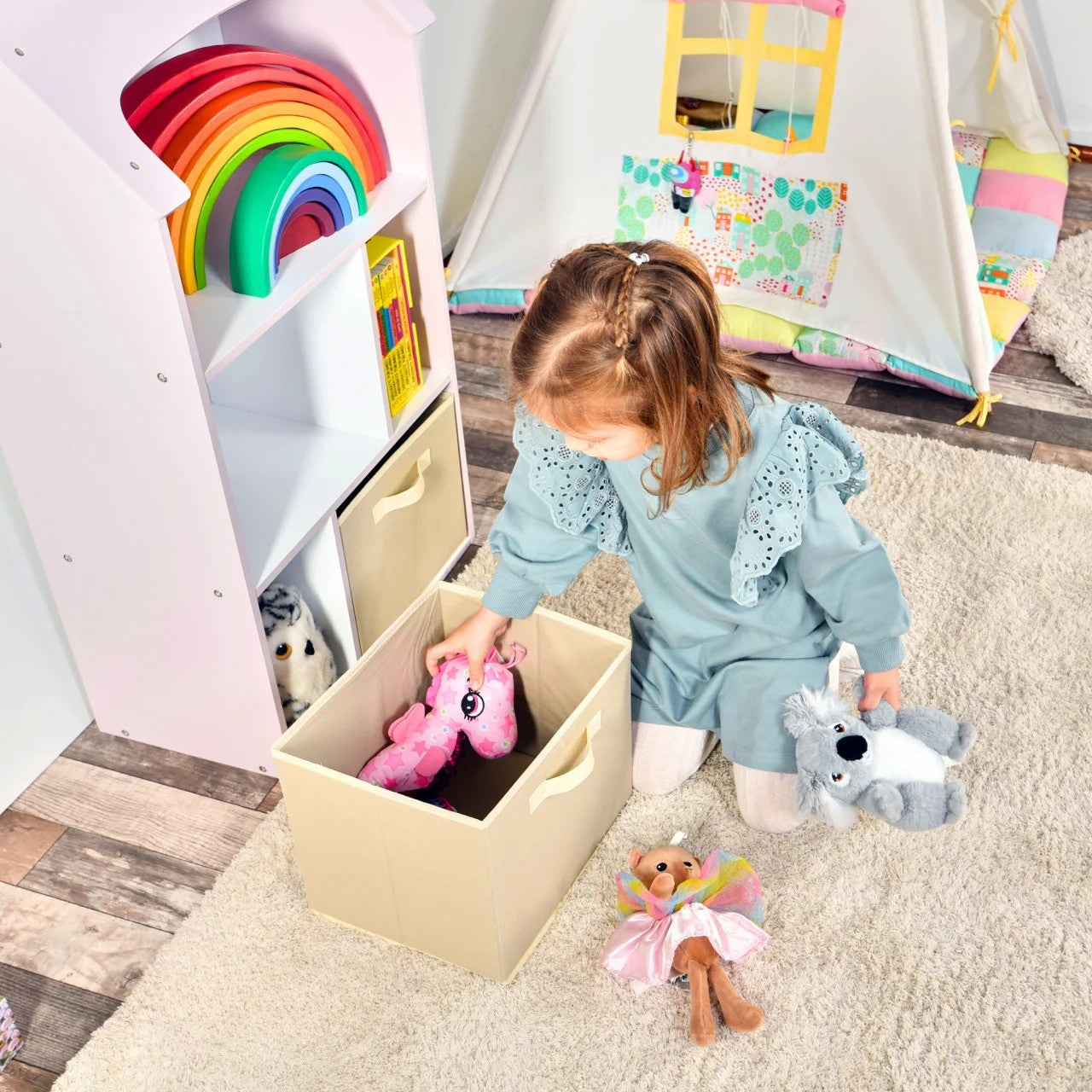 Biblioteca copii, Organizator cu raft pentru carti, Cutii depozitare jucarii, rechizite si papusi, Mobilier din Lemn MDF, Dulap tip casuta cu 3 etajere, 91,5 x 54 x 27cm, Roz