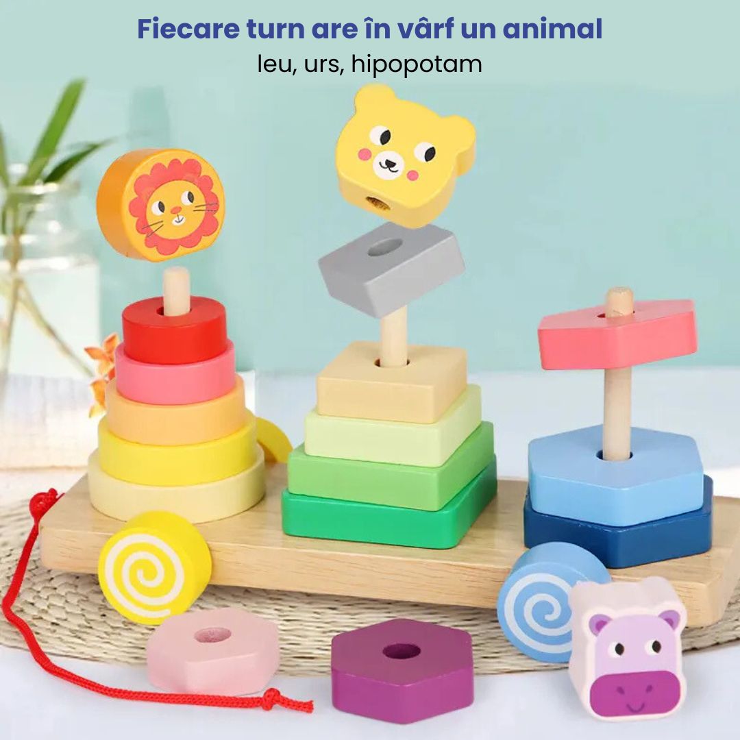 Trenulețul animalelor vesele, 18 piese din lemn, 3 ani+