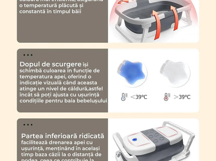 Cădiță de baie pliabilă pentru bebeluși, cu pernă moale, indicator de temperatură și suport pentru cap de duș – 63x42x20 cm, Gri - Bebeboo - Totul pentru copii. Jucării, Hăinuțe, Perne, Mobilier, Textile