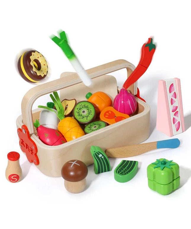 Set Fructe Magnetice din Lemn – Lădiță cu Fructe și Cuțit