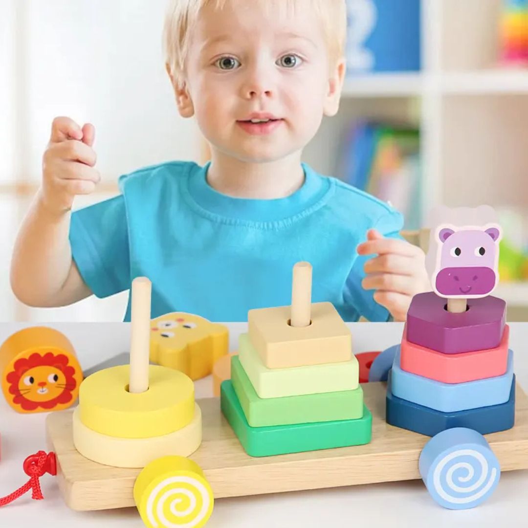 Trenulețul animalelor vesele, 18 piese din lemn, 3 ani+