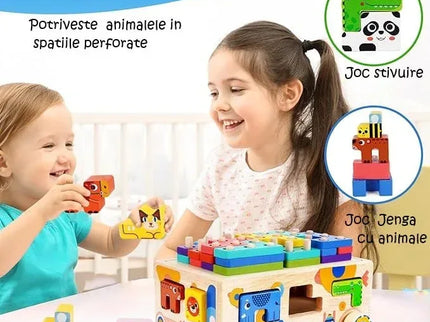 Mașinuță Educațională din Lemn 5-în-1 – Puzzle Tetris, Sortator Forme și Animale, Jenga, Stivuire - Bebeboo - Totul pentru copii. Jucării, Hăinuțe, Perne, Mobilier, Textile
