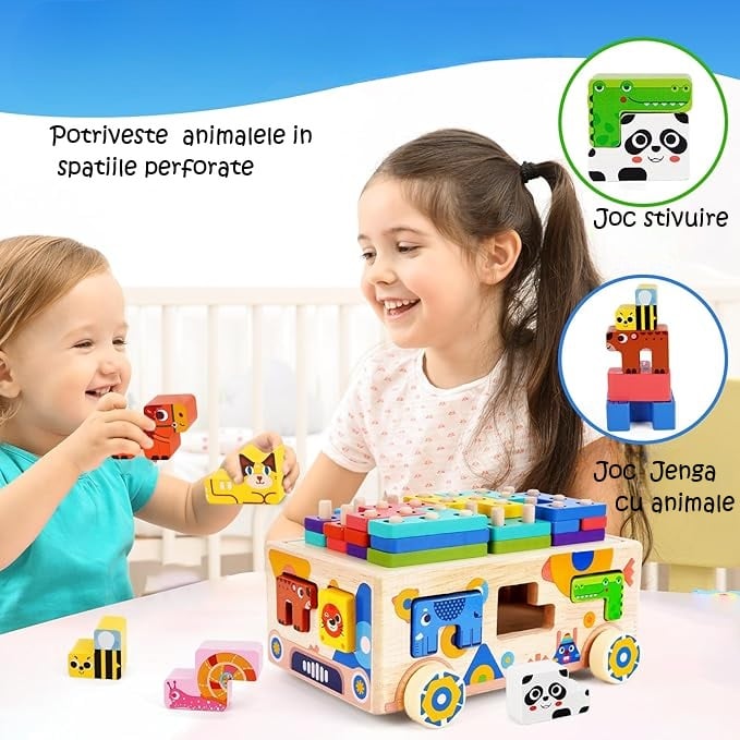 Mașinuță Educațională din Lemn 5-în-1 – Puzzle Tetris, Sortator Forme și Animale, Jenga, Stivuire