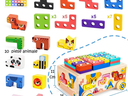Mașinuță Educațională din Lemn 5-în-1 – Puzzle Tetris, Sortator Forme și Animale, Jenga, Stivuire - Bebeboo - Totul pentru copii. Jucării, Hăinuțe, Perne, Mobilier, Textile