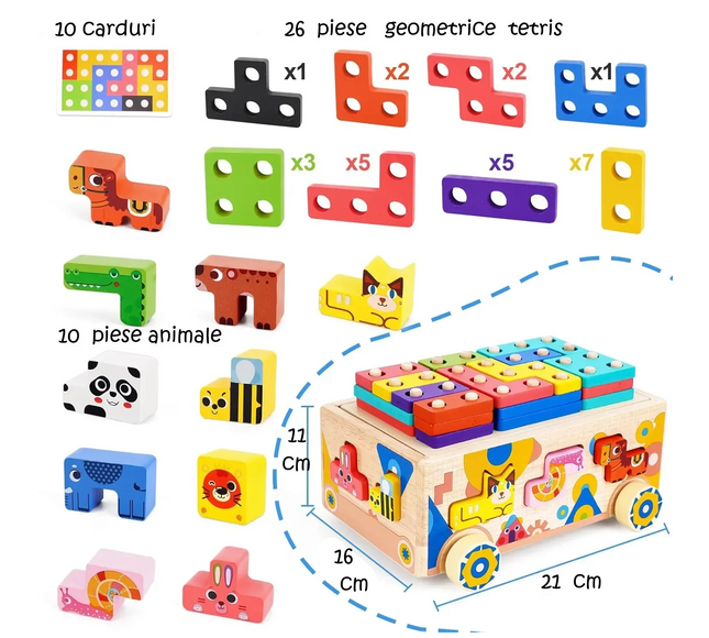Mașinuță Educațională din Lemn 5-în-1 – Puzzle Tetris, Sortator Forme și Animale, Jenga, Stivuire - Bebeboo - Totul pentru copii. Jucării, Hăinuțe, Perne, Mobilier, Textile