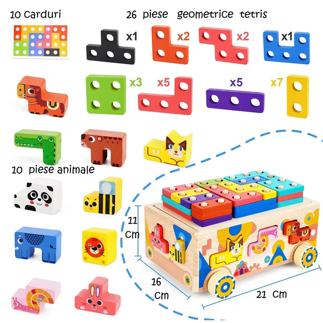 Mașinuță Educațională din Lemn 5-în-1 – Puzzle Tetris, Sortator Forme și Animale, Jenga, Stivuire - Bebeboo - Totul pentru copii. Jucării, Hăinuțe, Perne, Mobilier, Textile